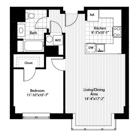 Floor plan for 1 bed, 1 bath, 722 sqft